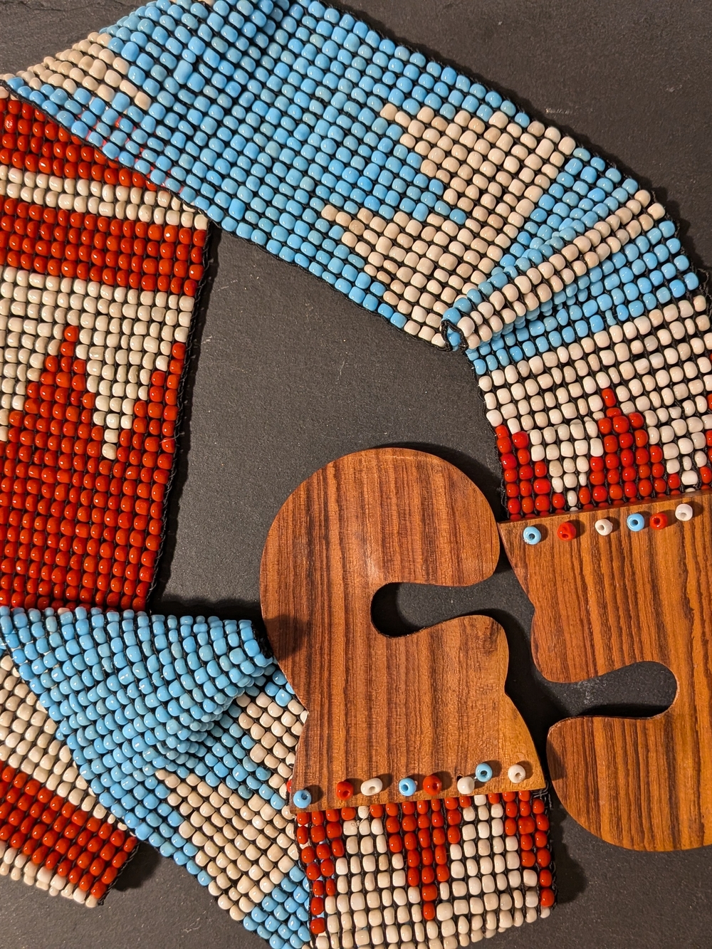 Handcrafted Beaded Belt with Wood Accents - Blue, Red & Cream